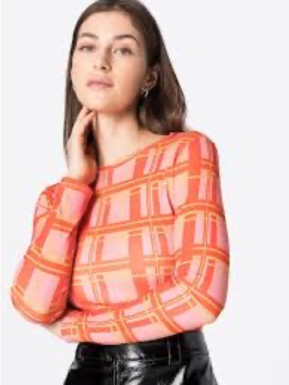 Warehouse Pink and Orange Plaid Long Sleeve Top